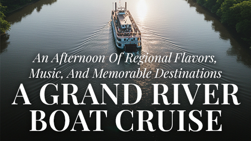 Riverboat cruising along a scenic river, representing Grand Living's themed river cruise lifestyle event.